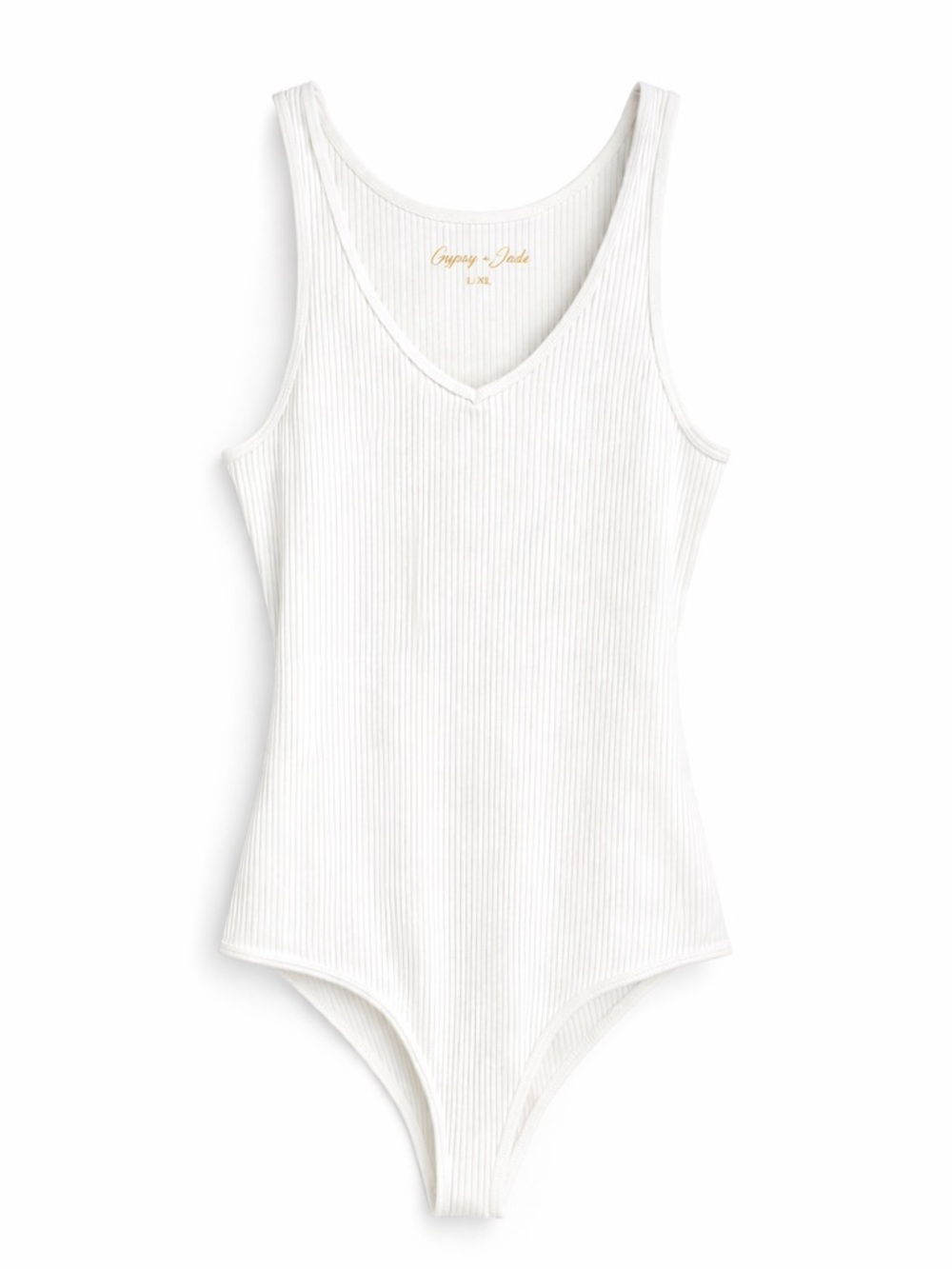 56 Gypsy + Jade White Ribbed Bodysuit L/XL V-Neck Stretch Tank Snap Closure